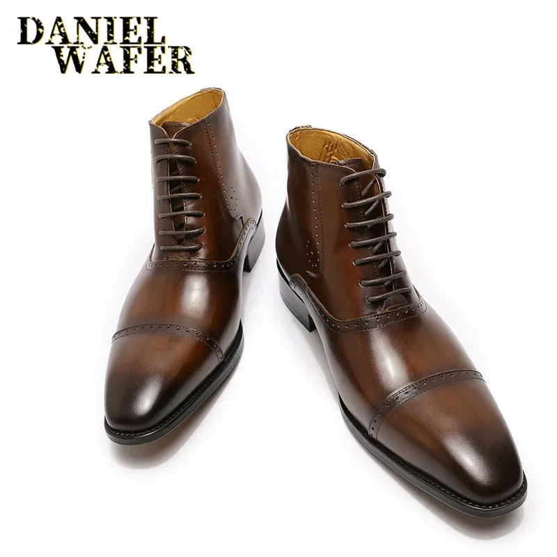Botines de moda para hombre, vestido Formal, zapatos de cuero, estilo vaquero occidental, con cordones, botas informales marrones/negras para hombre