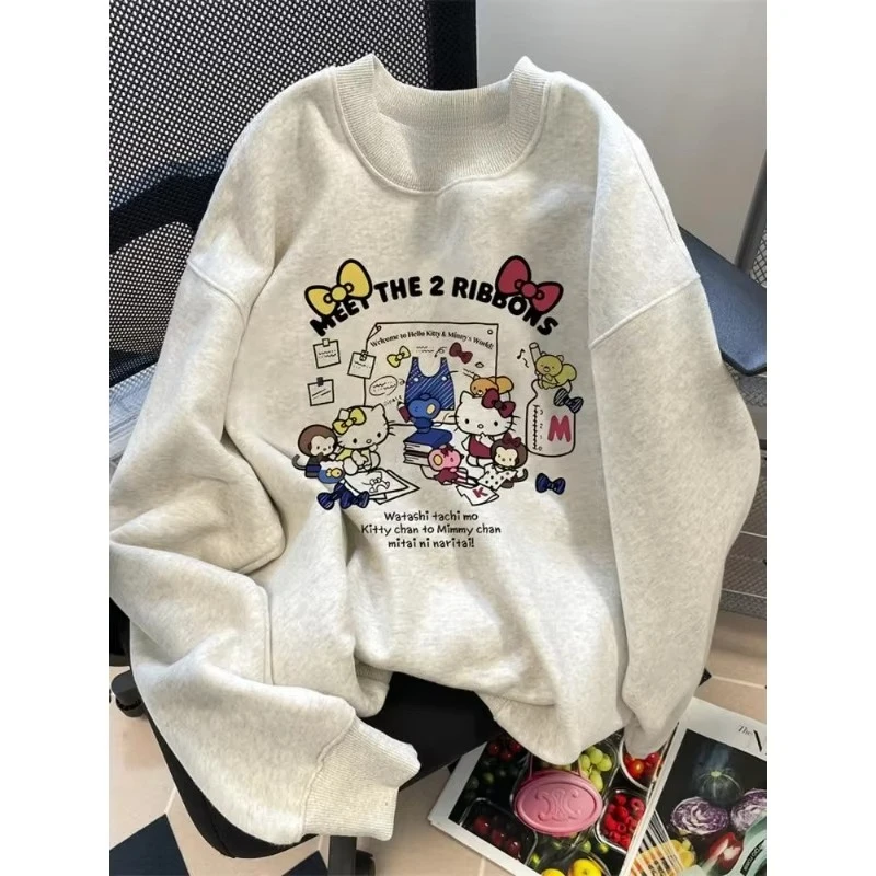 

Корейские осенне-зимние женские толстовки с капюшоном в стиле аниме «Hello Kitty», одежда с принтом, толстовка с капюшоном Y2K, большие пальто из 100% хлопка для девочек