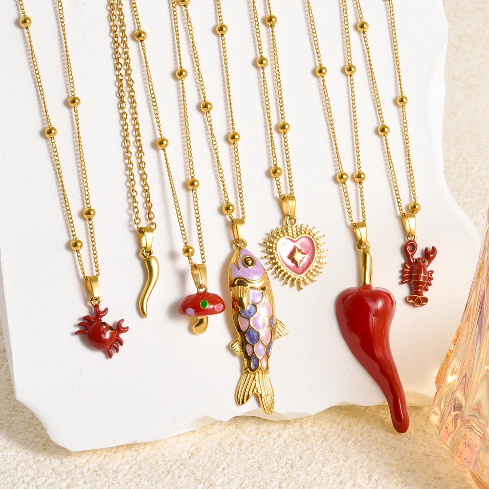 1Pc Cute Sea Animal Crayfish Crab Pendant Collares Y2K Italian Chili Strawberry Religion Sacred Heart Gothic Necklaces Jewelry