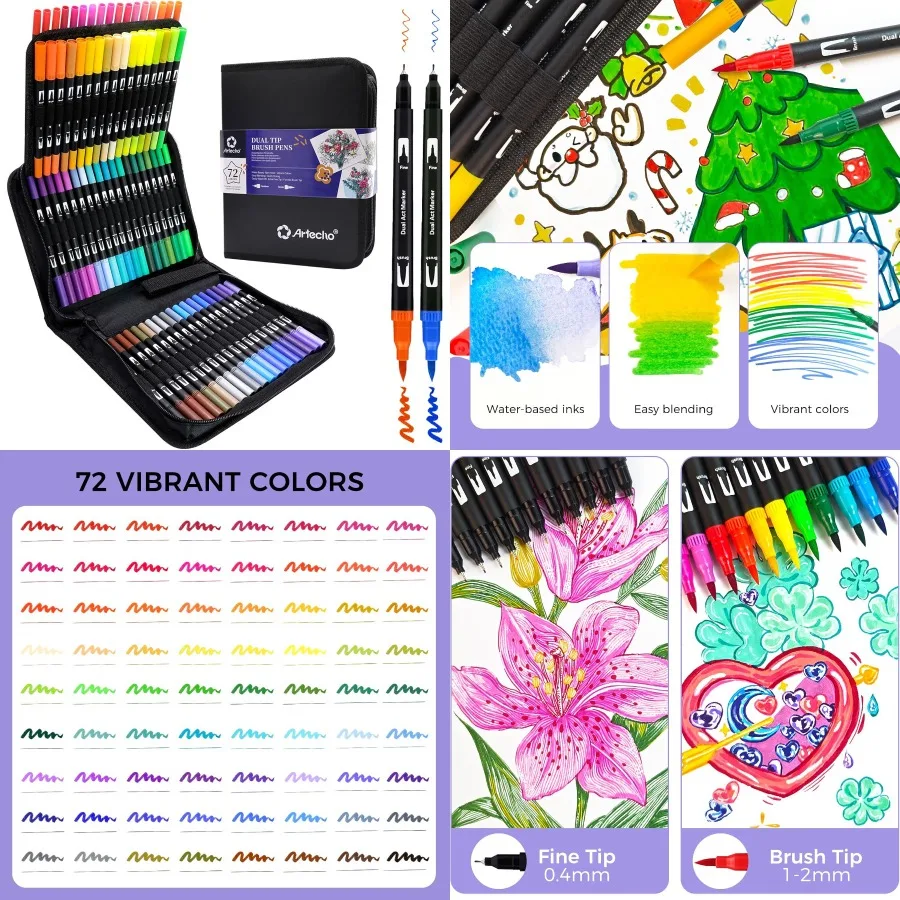 

72-цветные маркеры Artecho для взрослых, книжки-раскраски, маркеры с двумя наконечниками для школы, тонкие и кончики кисти для взрослых, книжки-раскраски Cal