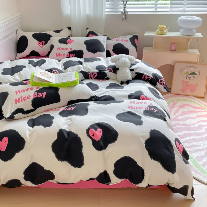 Milk Cow Duvet Cover Set Cattle Fur Comforter Cover for Kids Adults Wildlife Style Farmhouse Bedding Collections Flat Sheet 4pcs