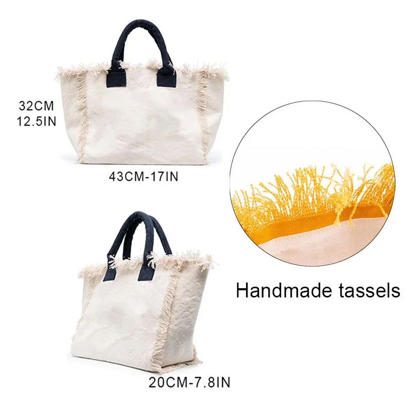 Christmas Present Simple Fashion Design Women\'s Tassels Handbag Large Capacity Canvas Bag Beach Bag Luxury Brand Tote Bag