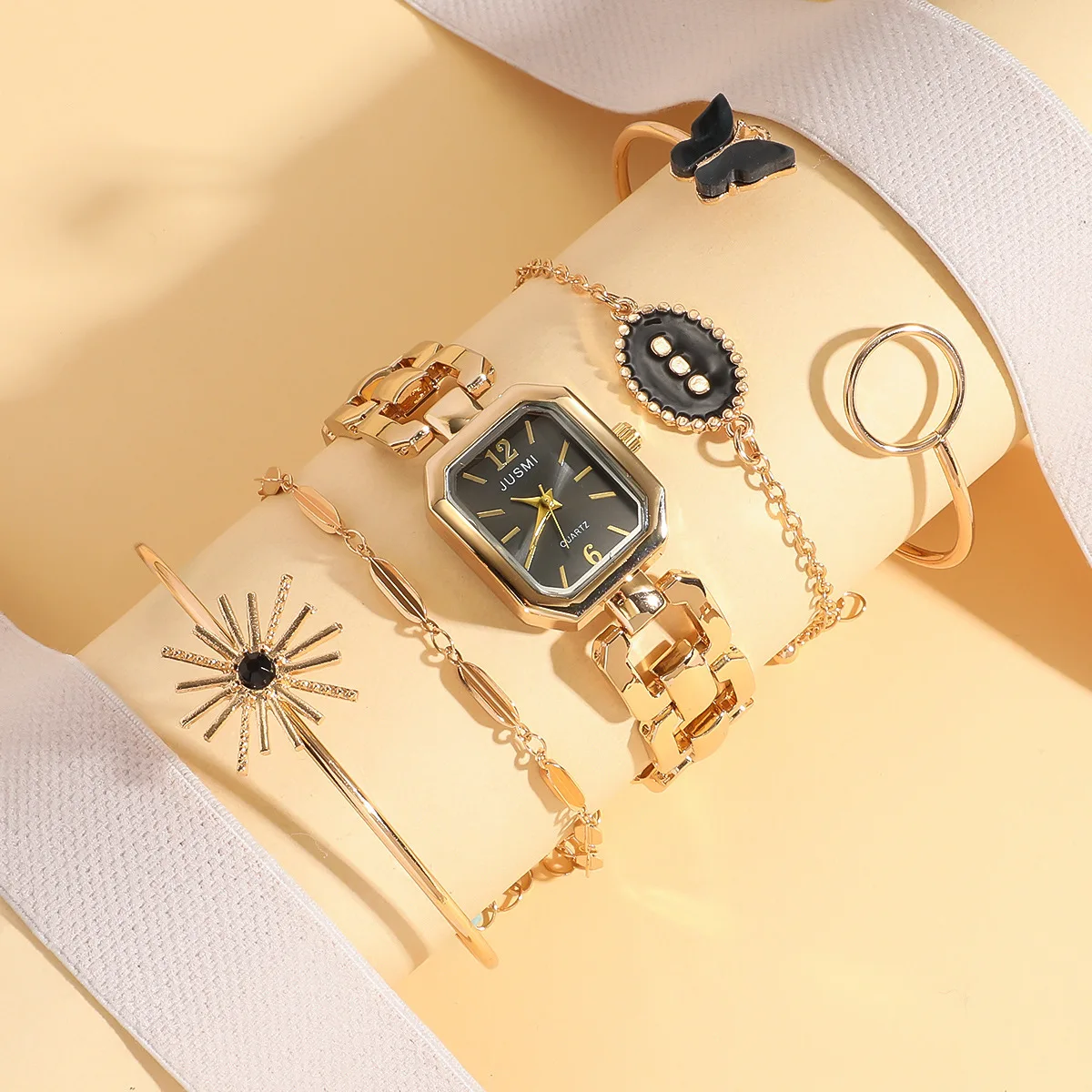 

5 шт./компл. часы, новые элегантные женские часы со стальным ремешком-цепочкой, маленькие квадратные золотые часы, браслет-бабочка, набор из пяти предметов