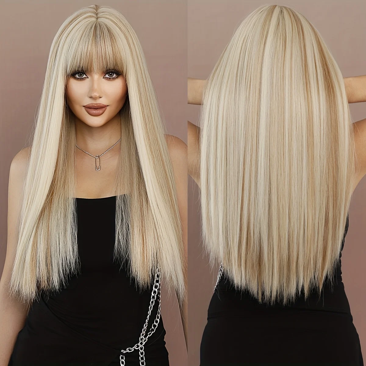 

Women's Everyday Party Use Brown Highlighted Blonde Long Straight Wig Made of High-Density Heat-Resistant Synthetic Hair
