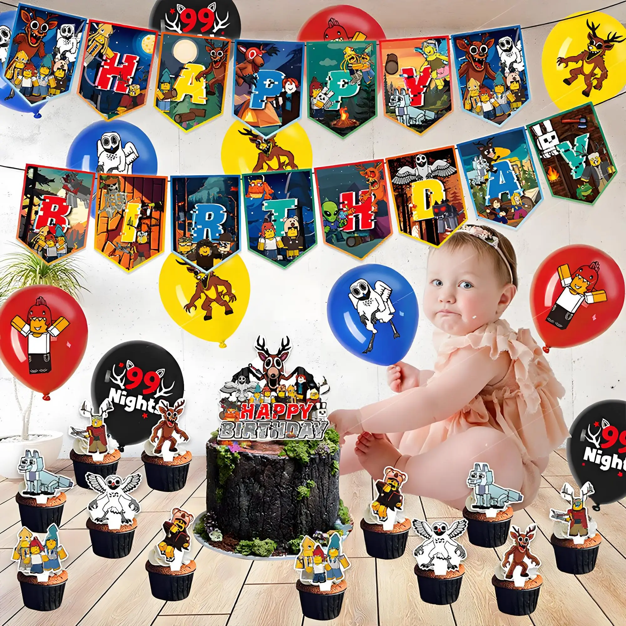 99 Nights In Forest Theme Birthday Party Decoration Set, Banner Balloons Cake Toppers, Kids Birthday Setup Holiday Gift