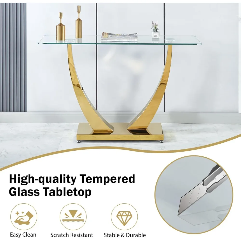 Modern Clear Glass Console Table 47 Long, Narrow Sofa Table for Entryway, Accent Desk with Geometric Silver Design