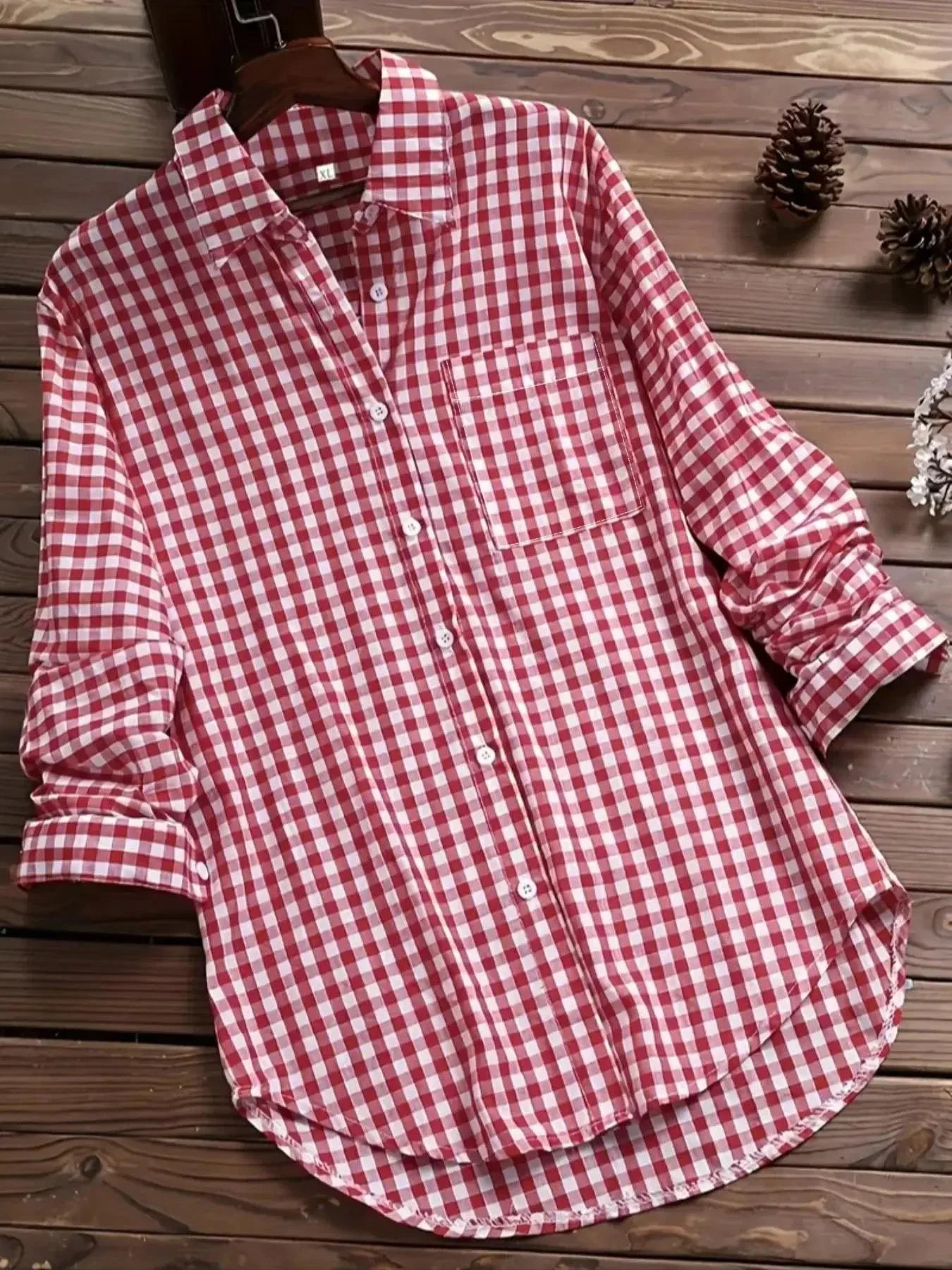 Fashionable Women\'s Plus Size Plaid Printed Shirt Casual Loose with Pocket Long Sleeved Shirt Simple Lapel Design Shirt Top