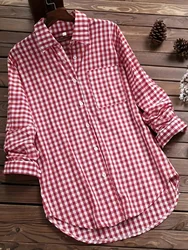 Fashionable Women's Plus Size Plaid Printed Shirt Casual Loose with Pocket Long Sleeved Shirt Simple Lapel Design Shirt Top