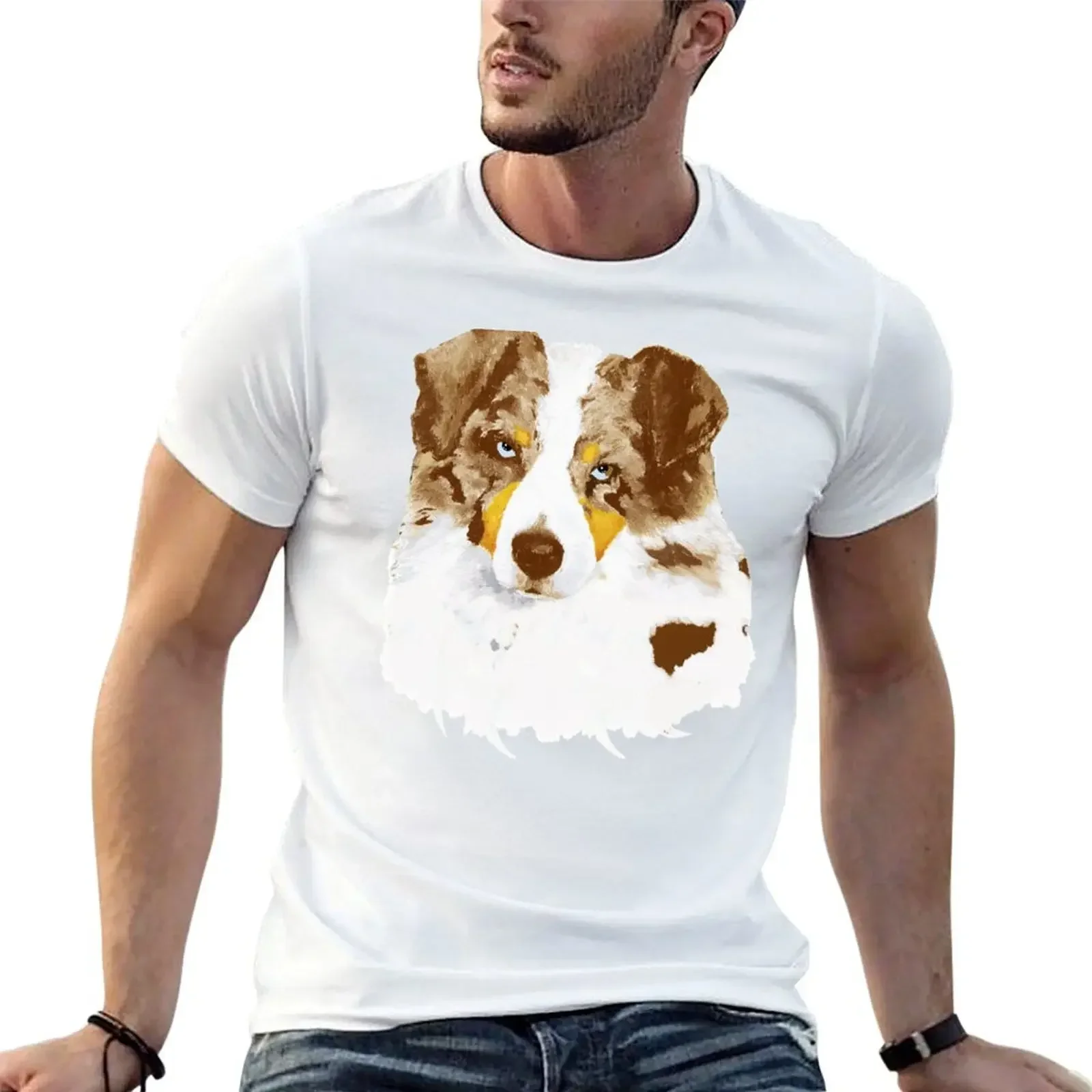 Red Merle Australian Shepherd Dog Portrait T-Shirt Short sleeve tee designer shirts men tshirt