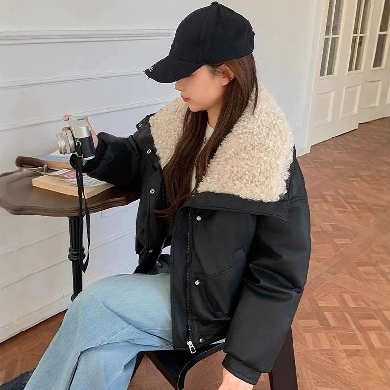 سترة نسائية شتوية بسحّاب من الجلد السميك سترة Mujer أنيقة من صوف الضأن الصناعي للنساء بياقة مقلوبة سترات دافئة