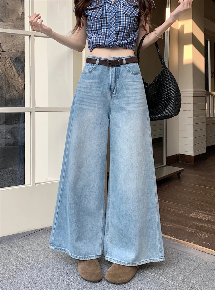 

Kumikumi Retro Blue Loose Women's Jeans High Waist Wide Leg Straight Cut Casual High Waist Denim Pants Spring Season Ladies