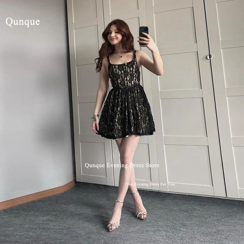 

Qunque Above Knee Lace Party Dress Straps Short Vestidos De Novia Mini Customized Vestido Casamento Civil Social Evening Dress