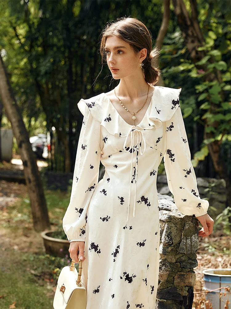 

OLrain Floral Print Dress for Women 2025 Autumn V-Neck Long Sleeve Ruffle Hem Slimming Fit Elegant Bohemian Dress O57QL96011