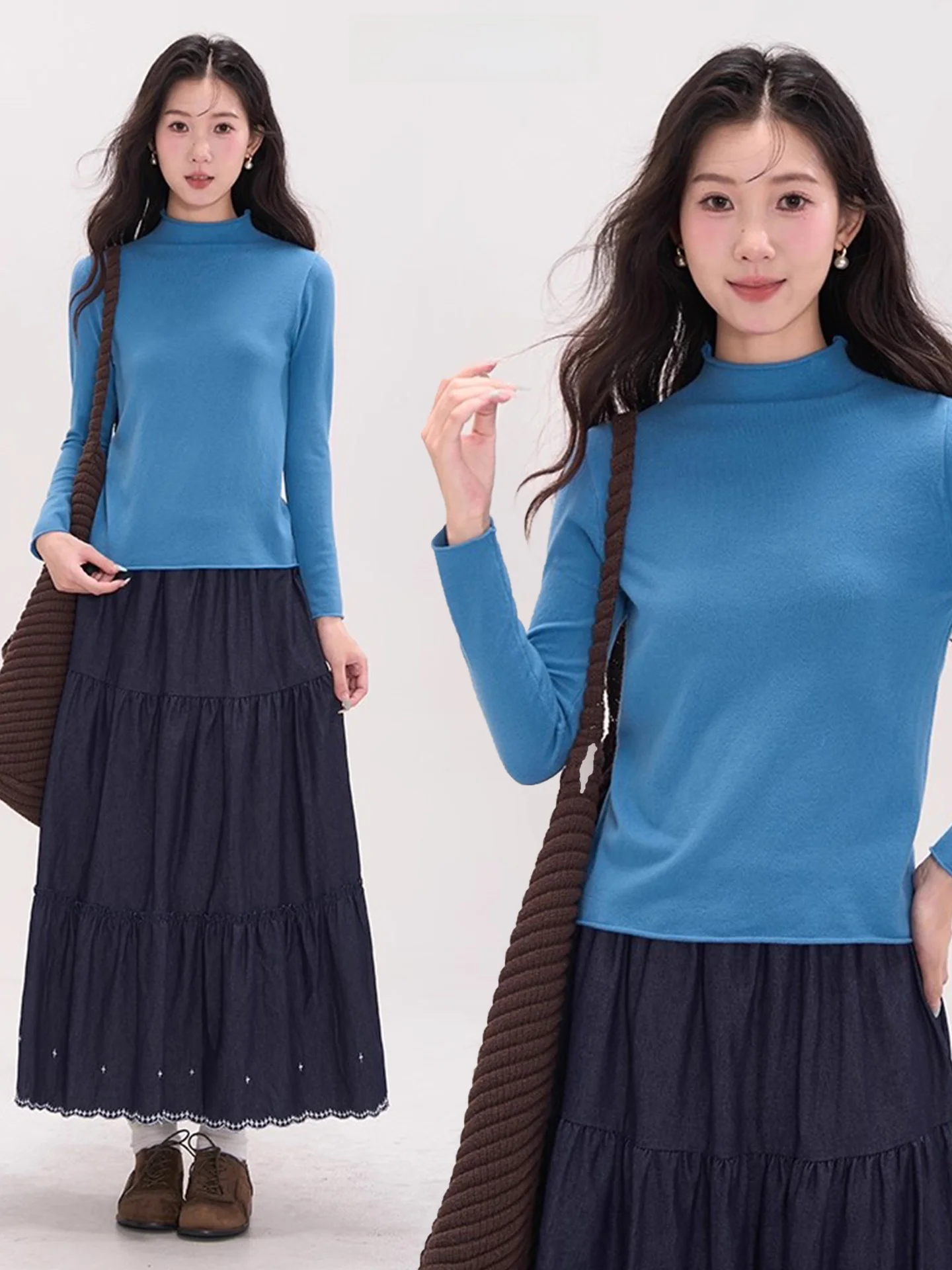 

Женский вязаный топ с высоким воротником и длинными рукавами Autumn Love, повседневный, приталенный, из нейлоновой ткани, в разных цветах