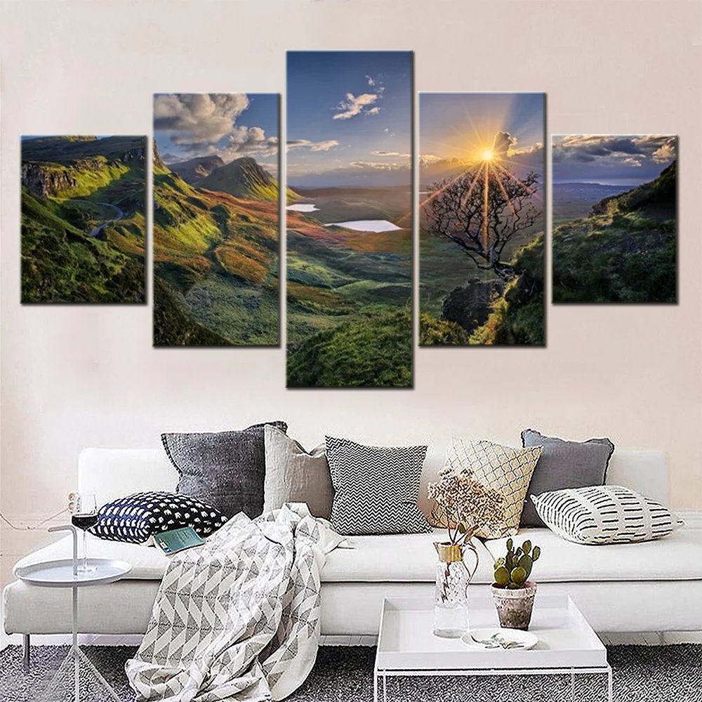 

5 Pieces Wall Art Canvas Nature Landscape Poster Skye Island Sunset Lake Hill Scotland Wallpaper Painting Living Room Home Decor