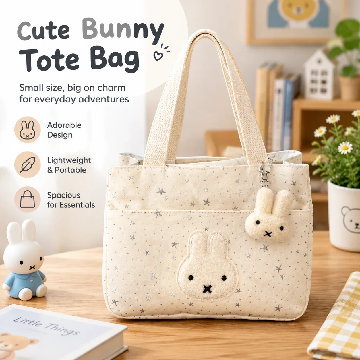 Japanese Style Star Miffy Rabbit Tote Bag Pink Cute Sweet Girls Handbag Ins Student Mommy Commute Lunch Bento Bag Portable