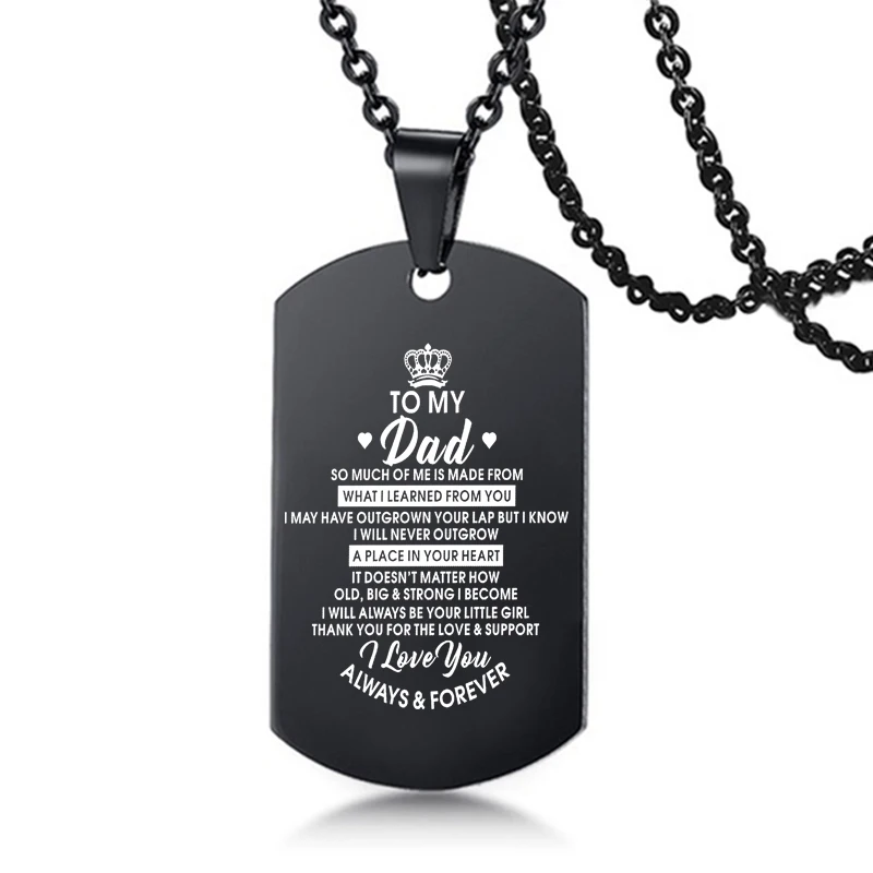 To My Dad Stainless Steel Necklace Men Rectangle Black Metal Dog Tags Pendant Necklaces Father's Day Christmas Gift