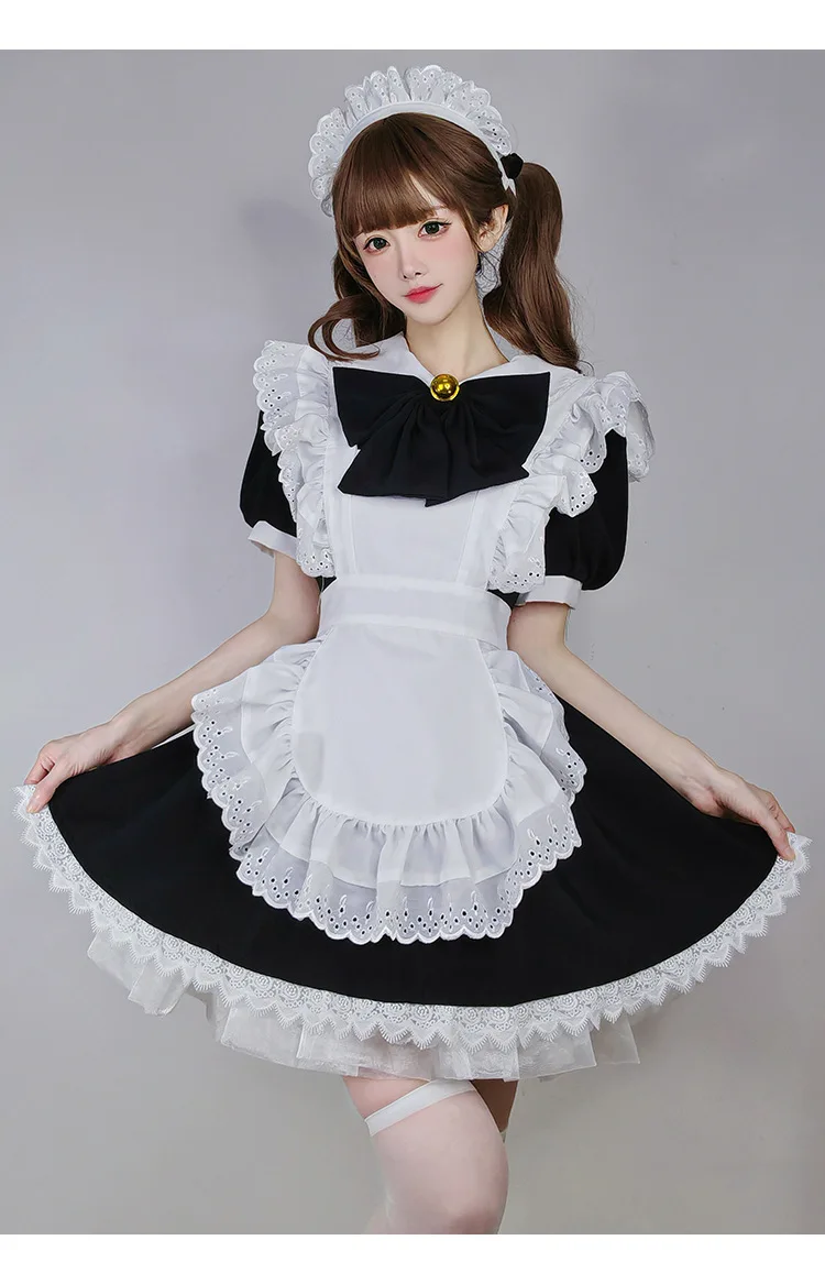 Disfraz de sirvienta japonesa en blanco y negro, conjunto de uniforme de sirvienta de anime, falda grande, 2023