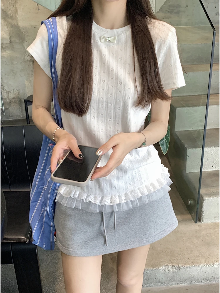 Korean Sle Lace Trim Heart Pattern Knitted ort Sve T-irt Women's Summer Slimming Chic Top Commute Sle Straight Cut