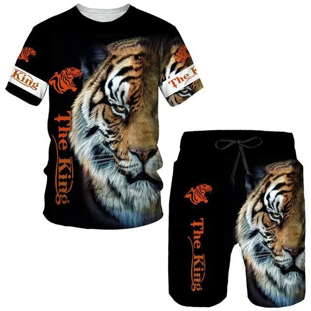 2024 Summer New Men\'s Animal Tiger Sports Set 3D Printed Animal Tiger Pattern Men\'s Short Sleeved T-shirt Set Men Two-Piece Set