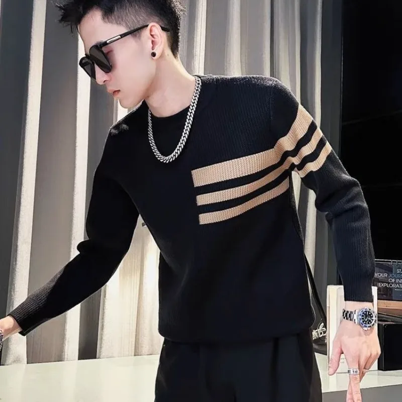 Men's Black Slim Knit Sweater Khaki Stripe Contrast Patchwork Crew Neck Casual Trendy Long Sleeve Top