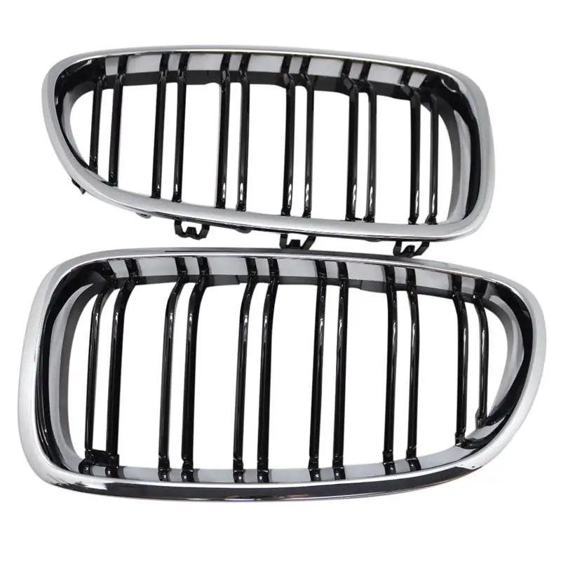 Silver + black Dual Fin Front Grille Grill Hood Nose For BMW  F10 F11 F18 520d 530d 540i 5 series 2010-2015