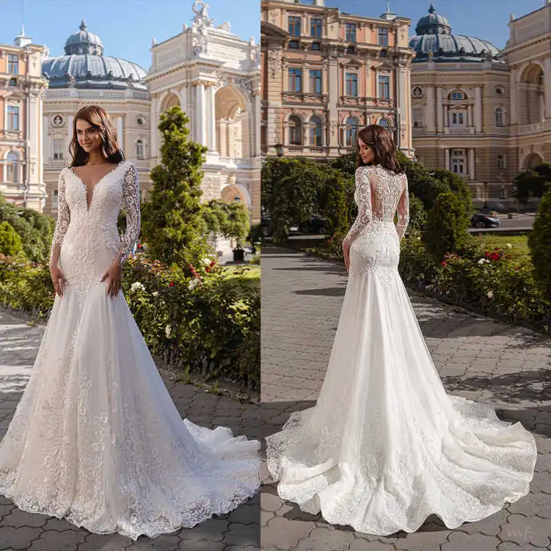 

Gorgeous Mermaid Wedding Dresses O Neck Long Sleeve Sweep Train Bridal Gowns Appliques Beadeds Vestidos De Novia Custom Made