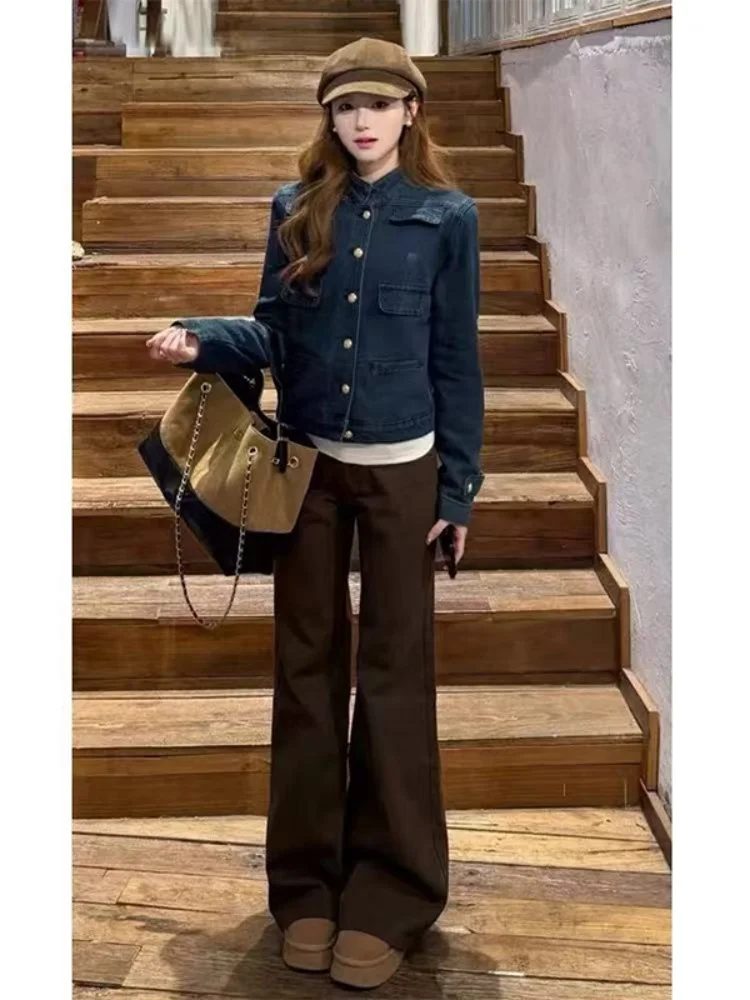 

High Waist Fleece Lined Coffee Color Bell Bottom Jeans Women's Autumn Winter Slimming Long Ankle Bootcut Denim Pants