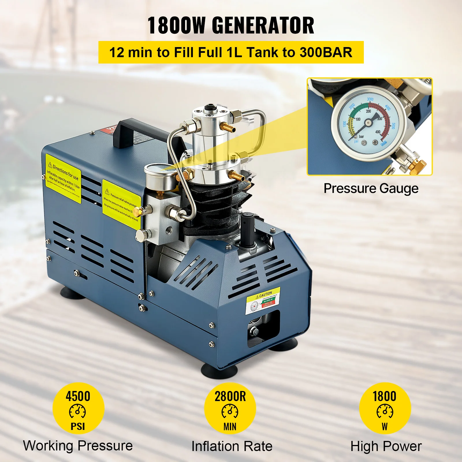 SucceBuy 1800W High Pressure PCP Air Compressor Pump 4500PSI/30MPA/300BAR 220V Manual Stop for Paintball Air Rifle Diving Bottle