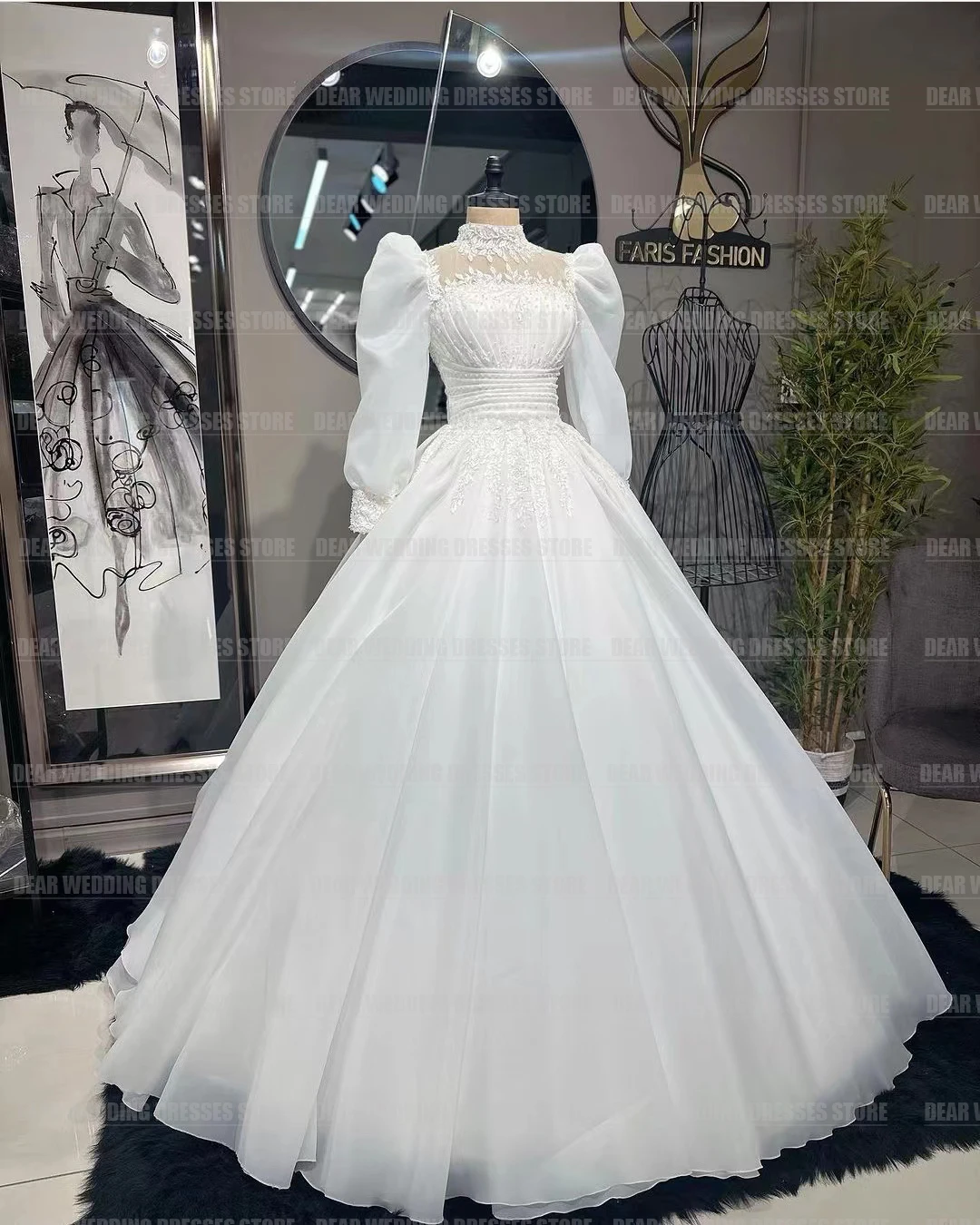 Splendidi abiti da sposa a collo alto Abito da sposa elegante linea A da donna Abiti formali con applicazioni a maniche lunghe Mariée personalizzati