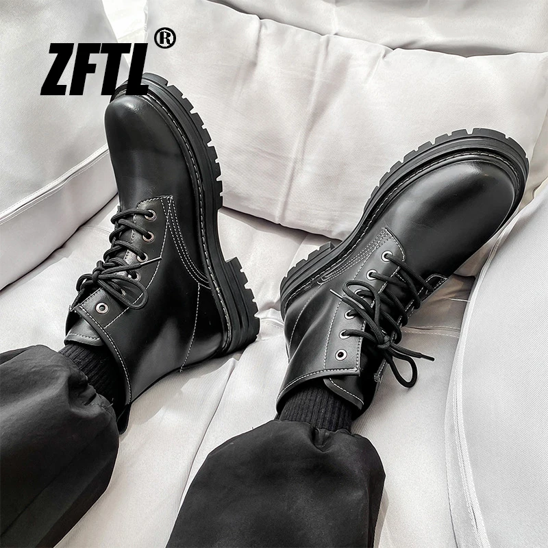 ZFTL Men\'s Chelsea Boots Man Casual Lace up Ankle Boots Male Cowhide Biker Leather Boots Workwear boots 2023 British Style Black