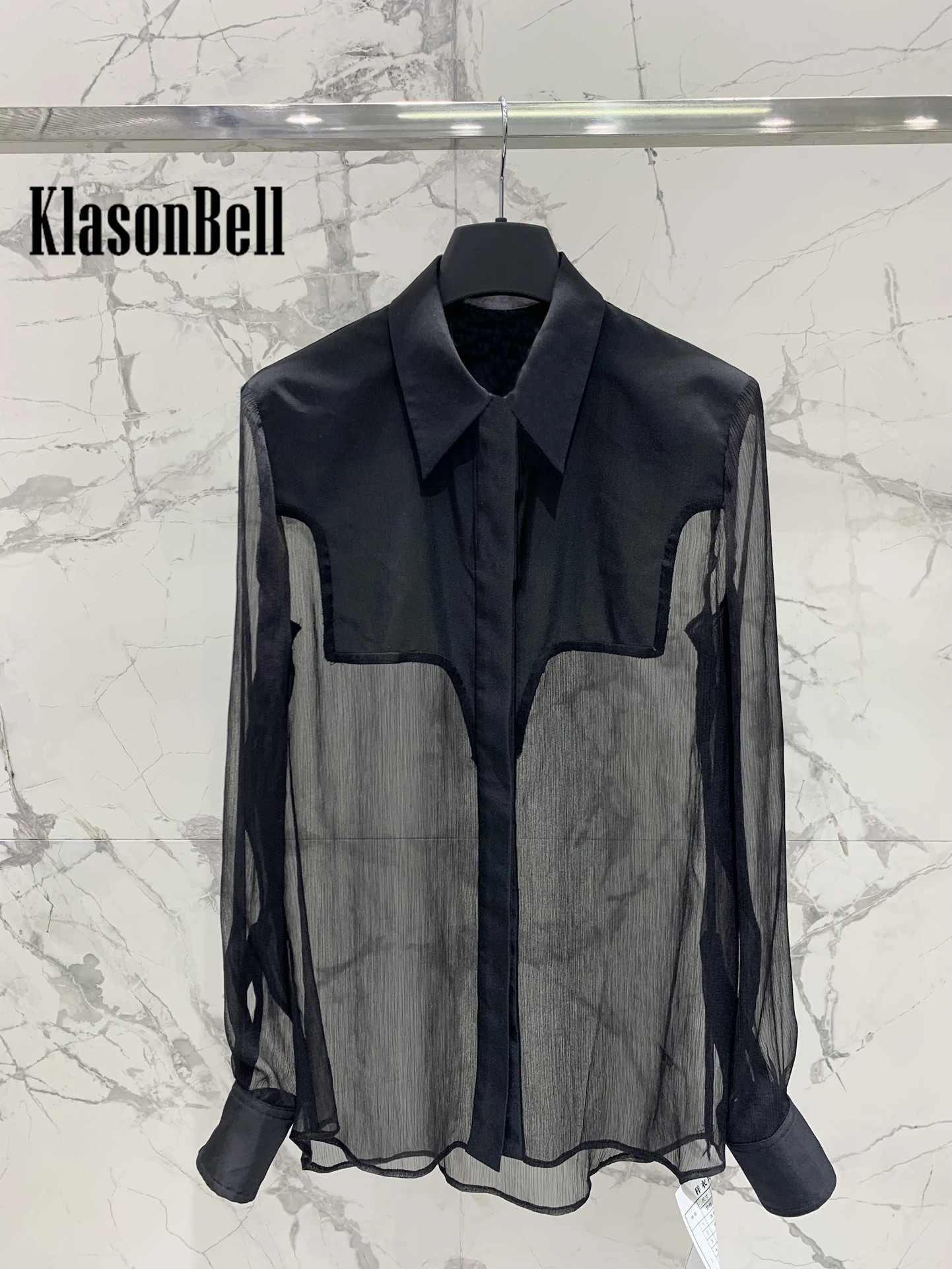 3.25 KlasonBell 2024 New Luxury Elegant Turn-down Collar Hidden Breasted Blouse Fit Women's Sheer Spliced Long Sleeve Shirt