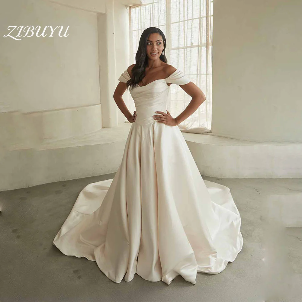 

ZIBUYU Customized Elegant Simple Wedding Dress Sleeveless Off The Shoulder Sweetheart Ruched Satin Backleess A-Line Bridal Gowns