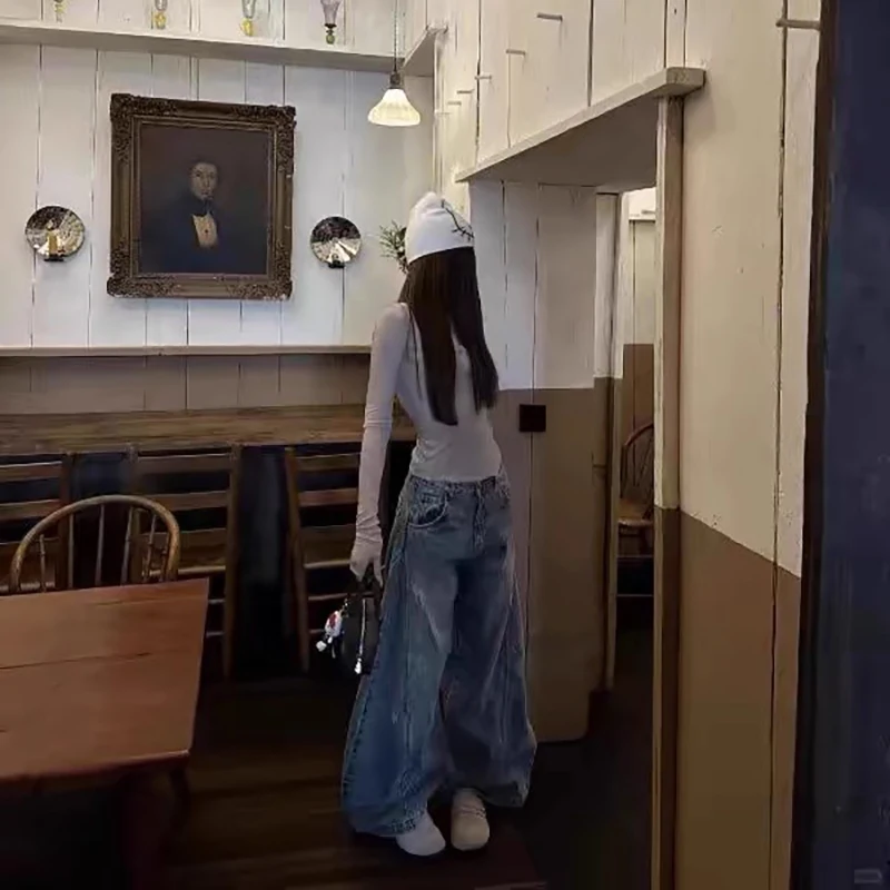 2025 가을 한국 여성 청바지 레트로 하이 웨이스트 청바지 스트레이트 레그 팬츠 배기 청바지 찢어진 청바지
