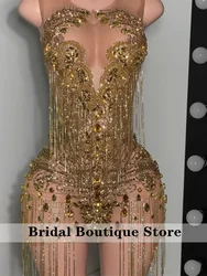 Glitter Gold Crystals Short Prom Dress 2026 Luxury For Black Girsl Diamond Bead Tassels Homecoming Gown Birthday Dress Customize