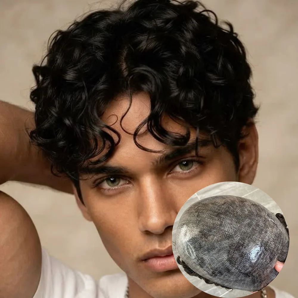 28MM Curly #1b Black Men Wig Super Durable Full PU Male Toupee Human Hair White Silver Grey 1B80 1B50 Capillary Prosthesi System