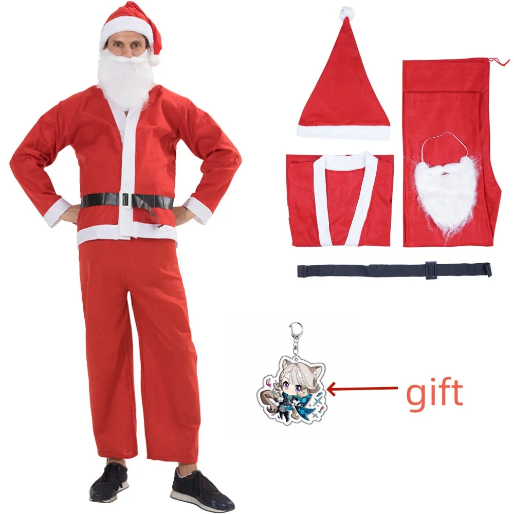 

Red Deluxe velvet 9PCS Christmas Party Men Children Family Costume Santa Claus Costume Adult Christmas Cosplay Costume