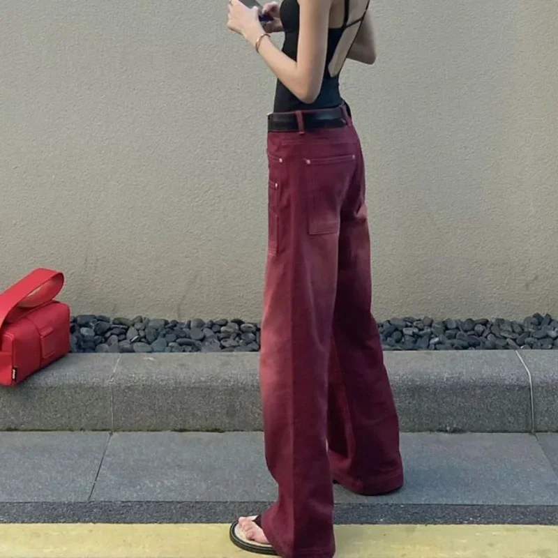 กางเกงยีนส์ผู้หญิงฤดูใบไม้ผลิฤดูใบไม้ร่วงสูงเอวล้าง Burgundy Streetwear หลวมขากว้างความยาวเต็มเกาหลีแฟชั่น Y2k เสื้อผ้าสไตล์