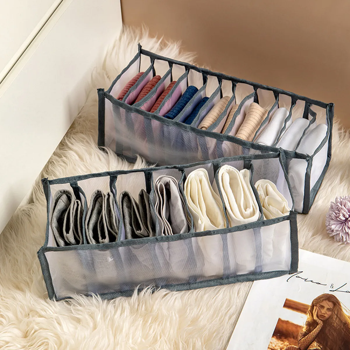 

1 Set Nylon Underwear Storage Box Innerwear Organizer Flexible Multi Grid Compartments Bra Socks Underwear Storage Container