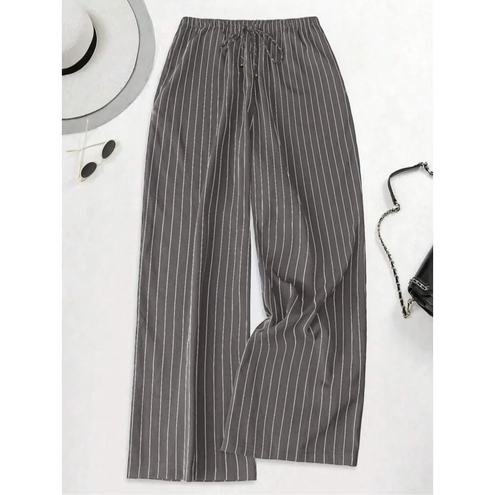 Plus Size 1XL-5XL Women's Fashion Stripe Print Pants Ladies Casul Comfortable Drawstring Waist Elastic Loose Pants