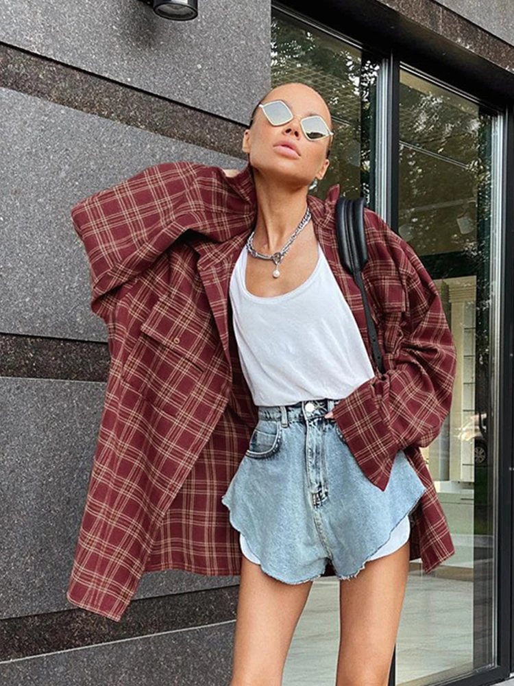 2022 Autumn Winter Women Casual Oversized Plaid Shirt Long Sleeve Ladies Tops Loose Fit Long Blouse For Woman