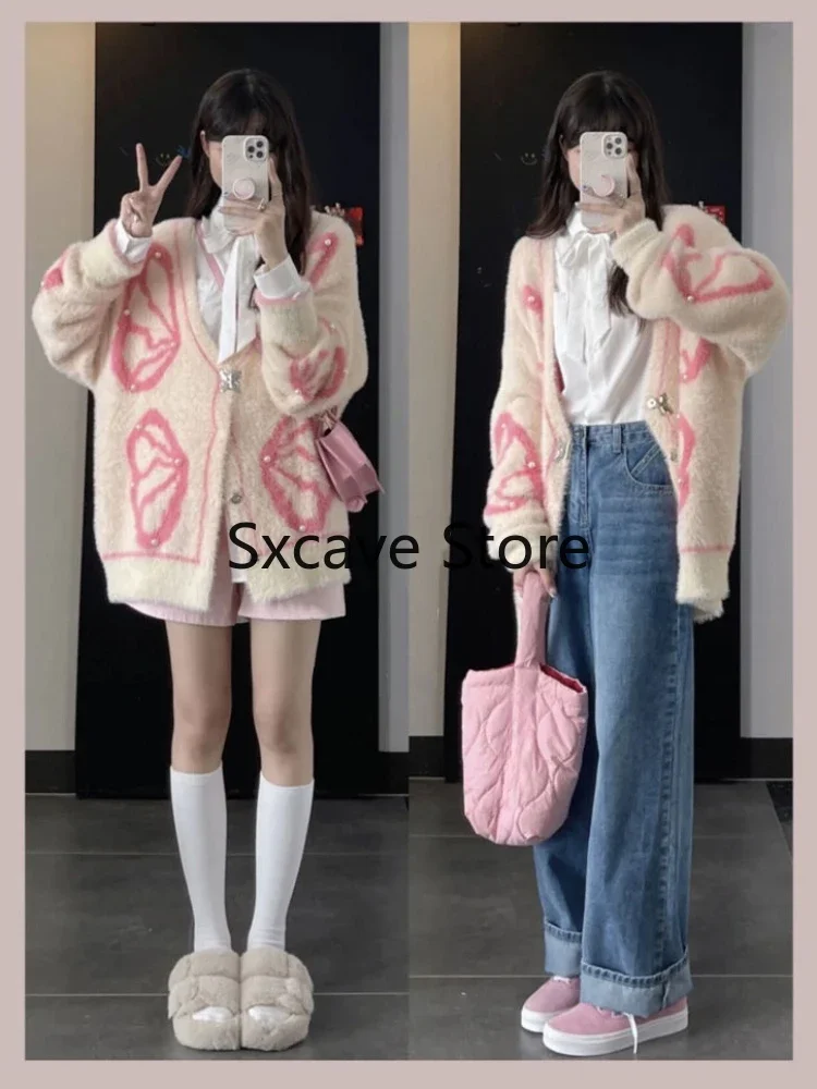 2023 Autumn Pink Knitted Cardigan Women Casual Long Sleeve Vintage Sweater Coat Office Lady Korean Style Fashion Clothing Chic