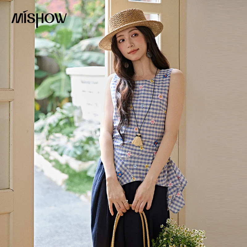 

MISHOW Floral Embroidered Checkered Retro Vest For Women New Summer 2026 Irregular Hem Design Slimming Sleeveless Top MXF25X2656
