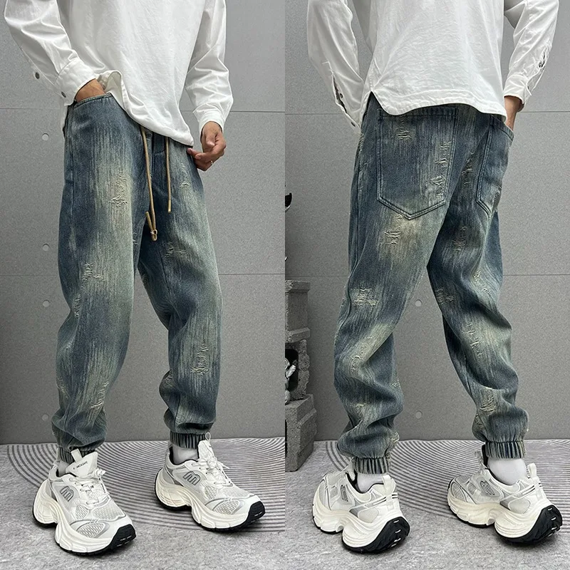 

Мужские свободные светло-голубые джинсы на расстоянии, осень-зима, большие размеры, с эластичной резинкой на талии, мужские модные трендовые джинсы из полиэфирного волокна