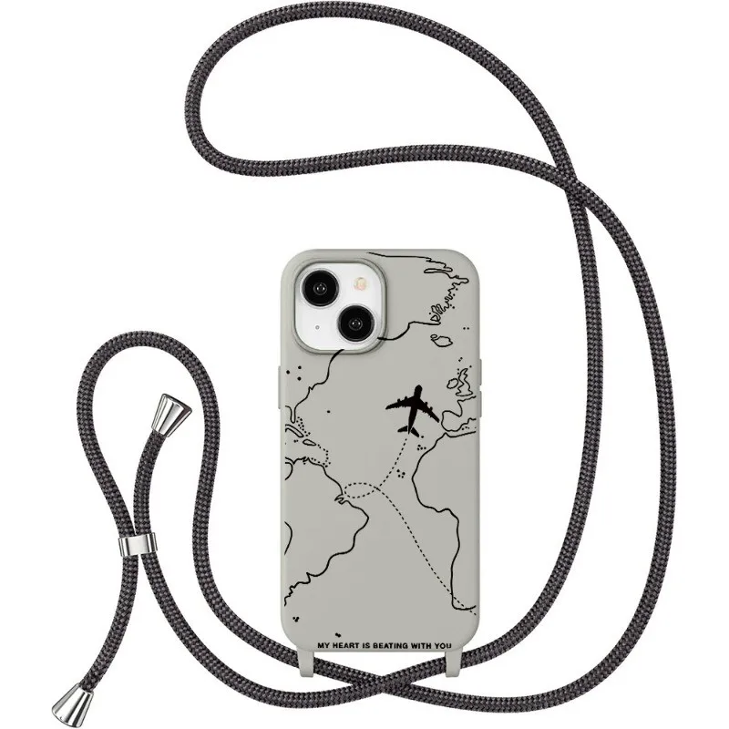 フライトルート柄 iPhone 16 15 14 Pro Max 13 12 Mini 11Pro XS XR 7 8 Plus SE用 ランヤード付き耐衝撃ソフトケース