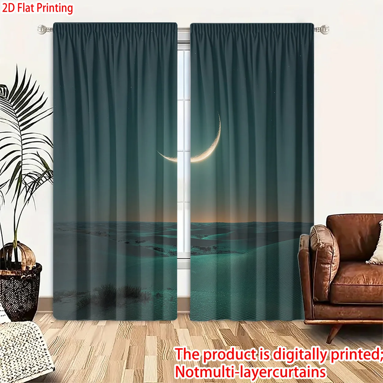 Aesthetic Moon Sunset Digital Print Blue Ocean Curtains Window Drapes Teal Coastal Night Sky Bedroom Living Room Home Decor