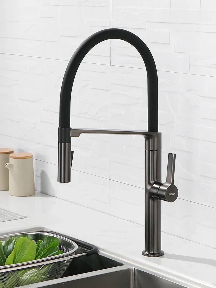 Gun gray all copper pull-out kitchen faucet, hot and cold washing basin spring retractable magnetic sink faucet