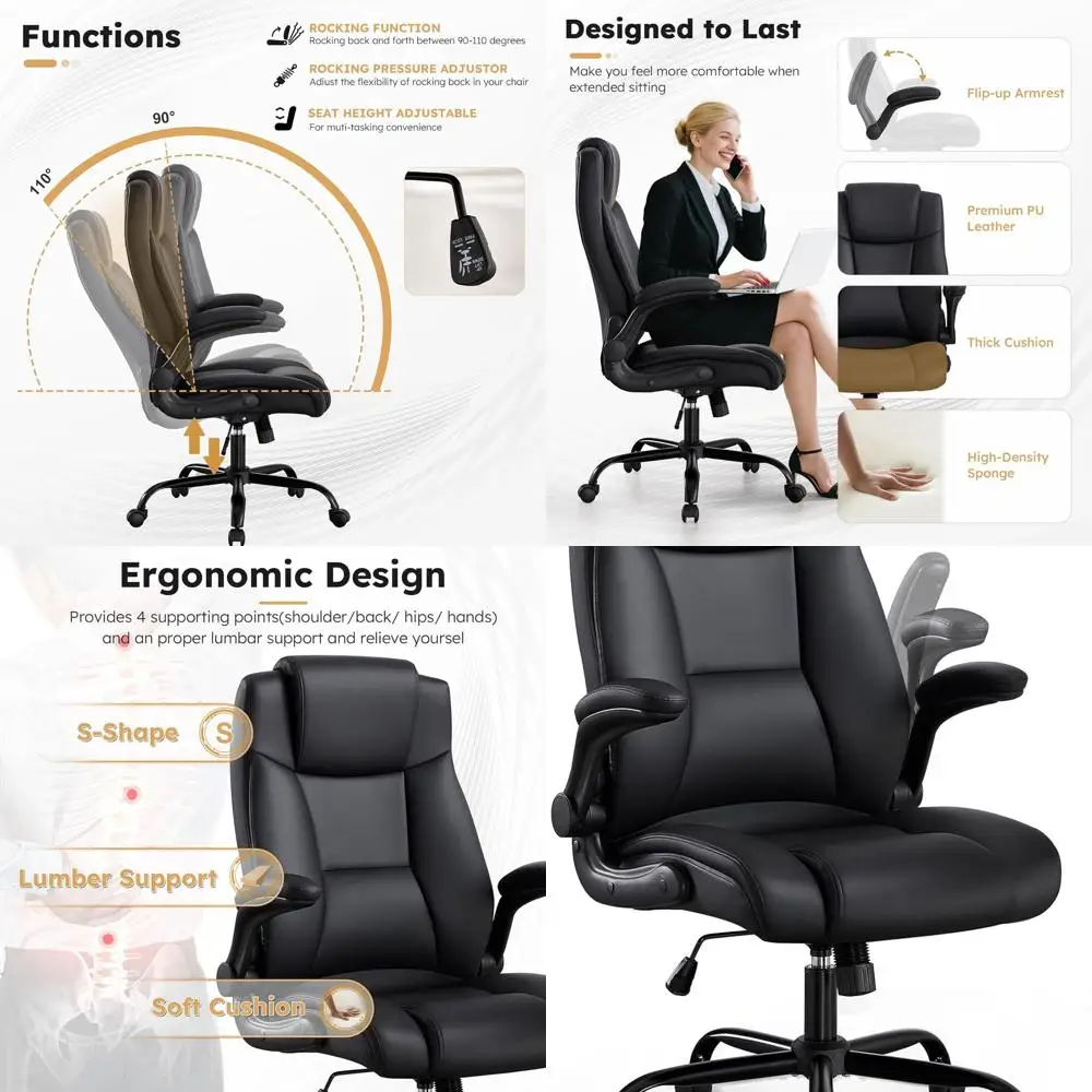 Ergonomic Leather Swivel Chair with Adjustable Height, Flip-Up Armrests, and Headrest for Home Office Desk, Black