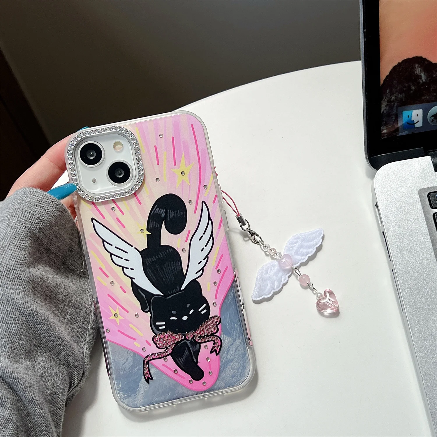 Korean INS Black Shadow Angel Cat Spot Drilling Diamond Phone Case for iPhone 15 14 13 Pro Max Pro Back Cover