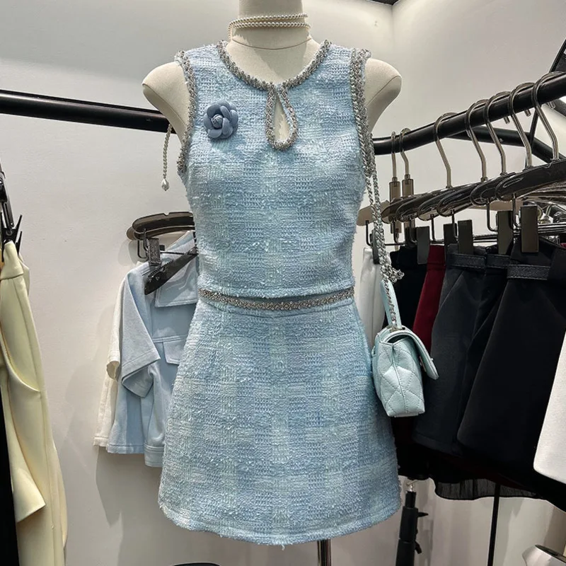

High Quality French Luxury Small Fragrant Tweed 2 Piece Sets Woman Outfit Sweet Chic 3D Floral Crop Top + High Waist Skirt Suits